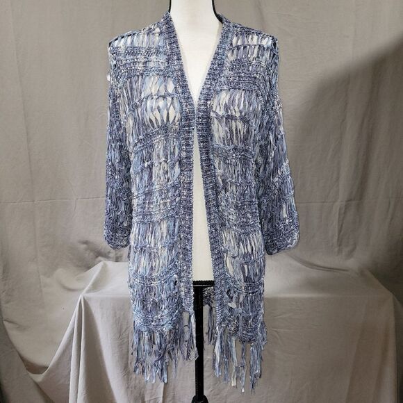 Chico's size 0 blue crochet net open front cardigan with tassels - Picture 3 of 9